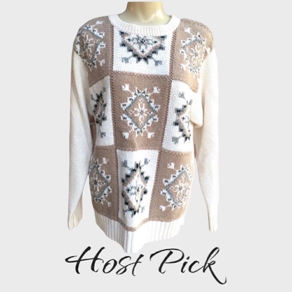 Russ Sport Petite Nordic Style Snowflake Floral Pullover Crewneck Sweater